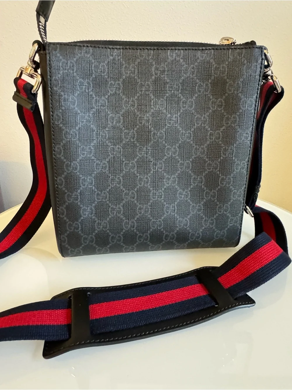 Gucci Black GG Canvas Messenger Bag with Red & Navy Web Strap